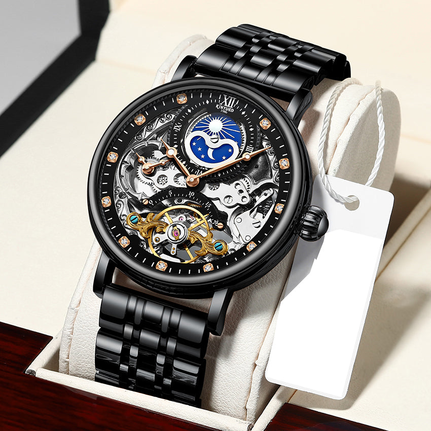 Moon Phase Multiple Time Tourbillon Automatic Skeleton Watch BLACK