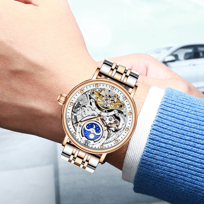 Moon Phase Multiple Time Tourbillon Automatic Skeleton Watch Silver Rose