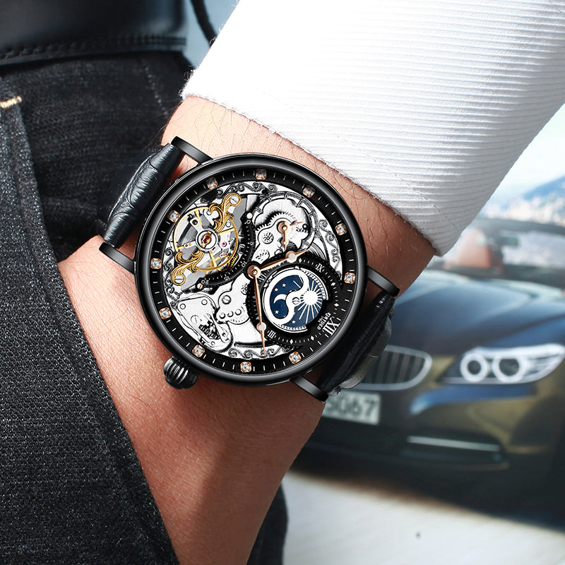 Moon Phase Multiple Time Tourbillon Automatic Skeleton Watch BLACK