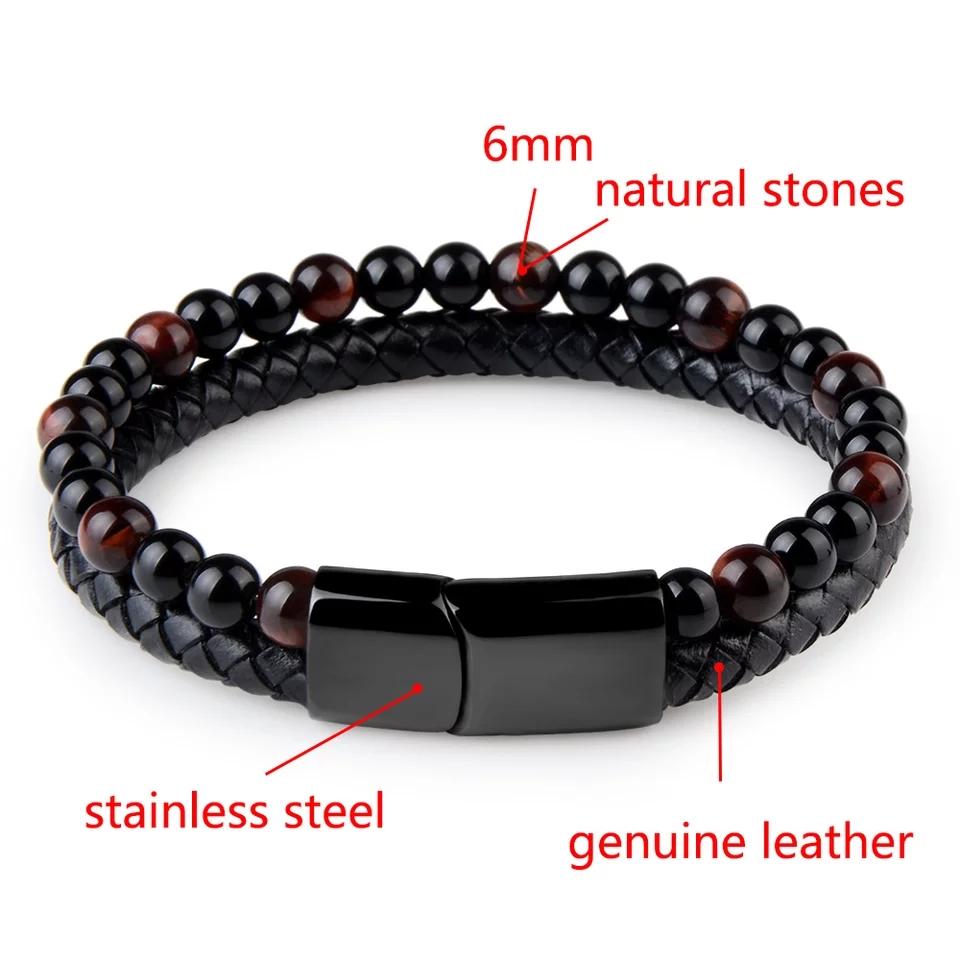Natural Stone Men Bracelet Black Genuine Leather