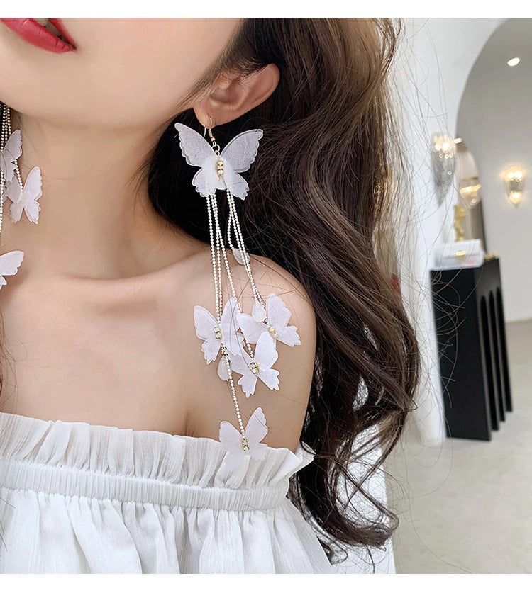 New design fashion exaggerated jewelry long white butterfly earrings