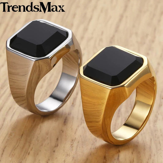 Stainless Steel Signet Rings for Men Square Black Stone