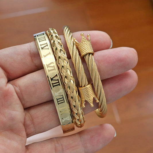 Top Quality Luxury Royal Crown 3Pcs Bracelets & Bangles Set Stainless Steel